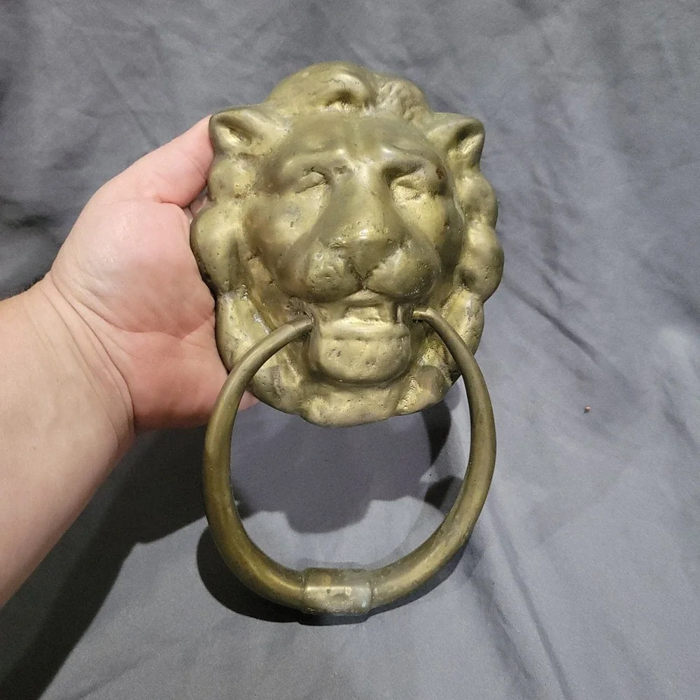 Vintage Heavy Solid Brass LION'S HEAD DOOR KNOCKER Antique Patina hardware